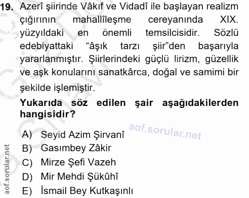 19. soru: Azerî şiirinde Vâkıf ve Vidadi ile başlayan realizm çığırının mahallileşme cereyanında XIX. yüzyıldaki en onemli tems…