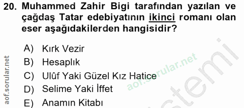 20. soru: Muhammed Zahir Bigi tarafından yazılan ve çağdaş Tatar edebiyatının ikinci romanı olan eser aşağıdakilerden hangisidi…