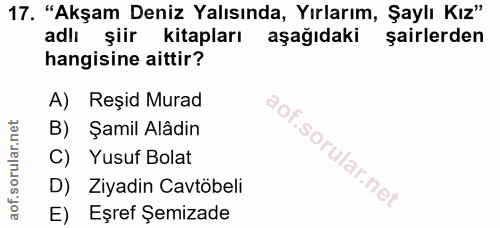 17. soru: "Akşam Deniz Yalısında, Yırlarım, Şaylı Kız" adlı şiir kitapları aşağıdaki şairlerden hangisine aittir? A) Reşid Mura…