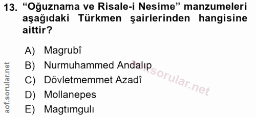 13. soru: "Oğuznama ve Risale-i Nesime" manzumeleri aşağıdaki Türkmen şairlerinden hangisine aittir? A) Magrubî B) Nurmuhammed…
