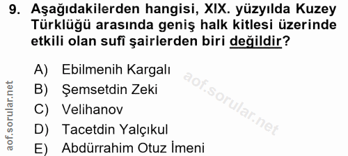 9. soru: Aşağıdakilerden hangisi, XIX. yüzyılda Kuzey Türklüğü arasında geniş halk kitlesi üzerinde etkili olan sufi şairlerde…