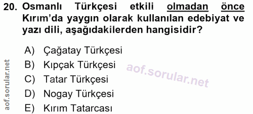 20. soru: Osmanlı Türkçesi etkili olmadan önce Kırım'da yaygın olarak kullanılan edebiyat ve yazı dili, aşağıdakilerden hangisi…