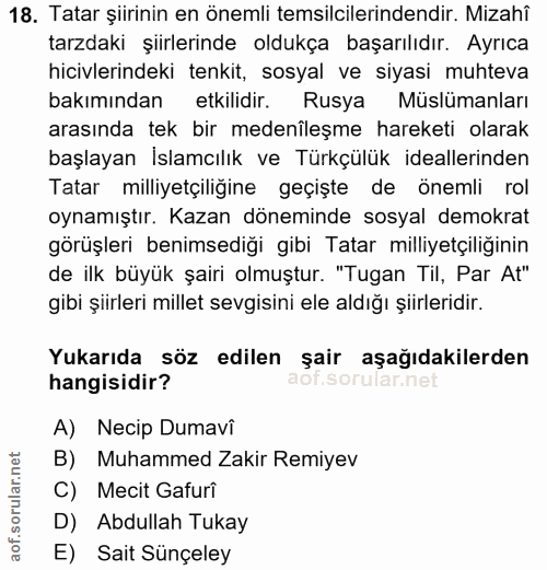 18. soru: Tatar şiirinin en önemli temsilcilerindendir. Mizahî tarzdaki şiirlerinde oldukça başarılıdır. Ayrıca hicivlerindeki…