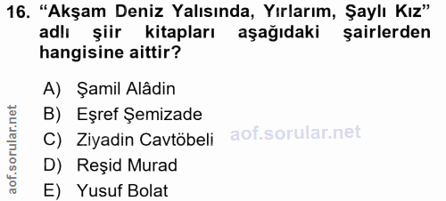 16. soru: "Akşam Deniz Yalısında, Yırlarım, Şaylı Kız" adlı şiir kitapları aşağıdaki şairlerden hangisine aittir? A) Şamil Alâd…
