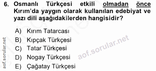 6. soru: Osmanlı Türkçesi etkili olmadan önce Kırım'da yaygın olarak kullanılan edebiyat ve yazı dili aşağıdakilerden hangisid…