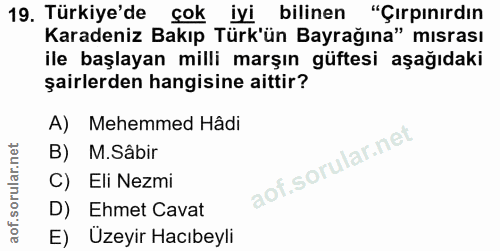 19. soru: Türkiye'de çok iyi bilinen "Çırpınırdın Karadeniz Bakıp Türk'ün Bayrağına" mısrası ile başlayan milli marşın güftesi…