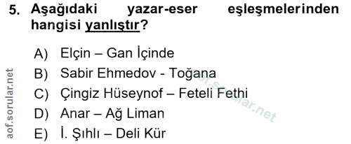 5. soru: AşağıdakiR yazar-eser eşleşmelerinden hangisi yanlıştır? A) Elçin - Gan İçinde B) Sabir Ehmedov - Toğana C) Çingiz Hü…