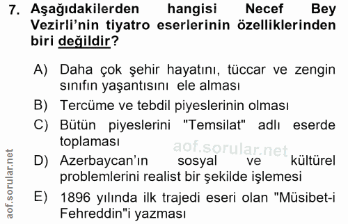 7. soru: Aşağıdakilerden hangisi Necef Bey Vezirli'nin tiyatro eserlerinin özelliklerinden biri değildir? A) Daha çok şehir ha…