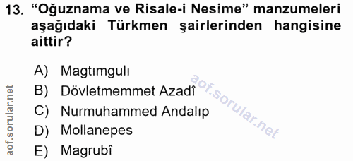 13. soru: "Oğuznama ve Risale-i Nesime" manzumeleri aşağıdaki Türkmen şairlerinden hangisine aittir? A) Magtimgulı B) Dövletmem…