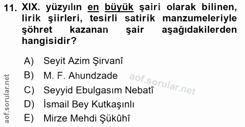11. soru: XIX. yüzyılın en büyük şairi olarak bilinen, lirik şiirleri, tesirli satirik manzumeleriyle şöhret kazanan şair aşağı…