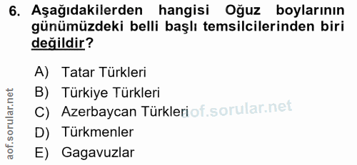 6. soru: Aşağıdakilerden hangisi Oğuz boylarının günümüzdeki belli başlı temsilcilerinden biri değildir? A) Tatar Türkleri B)…