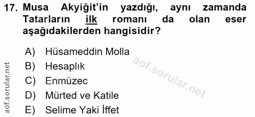 17. soru: Musa Akyiğit'in yazdığı, aynı zamanda Tatarların ilk romanı da olan eser aşağıdakilerden hangisidir? A) Hüsameddin Mo…