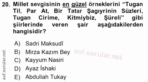 20. soru: Millet sevgisinin en güzel örneklerini "Tugan Til, Par At, Bir Tatar Şagıyrinin Süzleri, Tugan Cirime, Kitmiybiz, Şür…