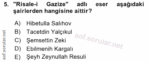 5. soru: "Risale-i Gazize" adlı eser aşağıdaki şairlerden hangisine aittir? A) Hibetulla Salıhov B) Tacetdin Yalçıkul C) Şemse…