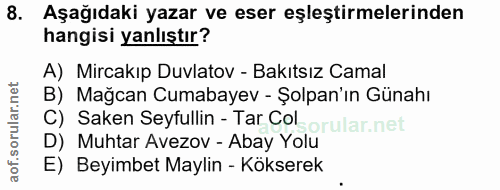 8. soru: Aşağıdaki yazar ve eser eşleştirmelerinden hangisi yanlıştır? A) Mircakıp Duvlatov - Bakıtsız Camal B) Mağcan Cumabay…