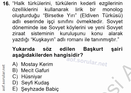 16. soru: "Halk türkülerini, türkülerin kederli ezgilerinin özelliklerini kullanarak lirik bir monolog oluşturduğu "Birsetke Yı…