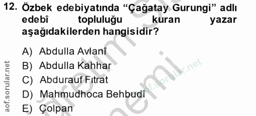 12. soru: Özbek edebiyatında "Çağatay Gurungi" adlı edebi topluluğu kuran yazar aşağıdakilerden hangisidir? A) Abdulla Avlani B…