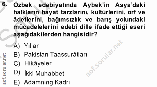 6. soru: Ozbek edebiyatında Aybek'in Asya'daki halkların hayat tarzlarını, kültürlerini, örf ve âdetlerini, bağımsızlık ve bar…