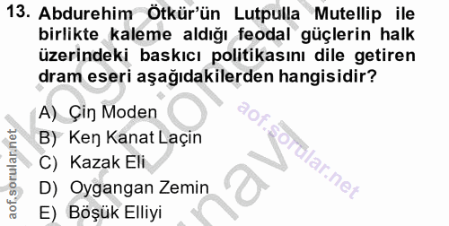 13. soru: Abdurehim Ötkür'ün Lutpulla Mutellip ile birlikte kaleme aldığı feodal güçlerin halk üzerindeki baskıcı politikasını…
