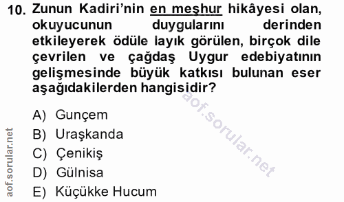10. soru: Zunun Kadiri'nin en meşhur hikâyesi olan, okuyucunun duygularını derinden etkileyerek ödüle layık görülen, birçok dil…