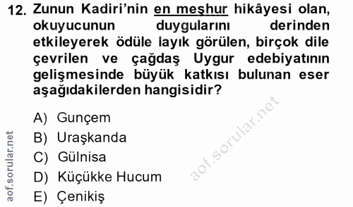 12. soru: Zunun Kadiri'nin en meşhur hikâyesi olan, okuyucunun duygularını derinden etkileyerek ödüle layık görülen, birçok dil…