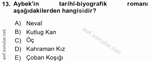 13. soru: Aybek'in tarihi-biyografik romanı aşağıdakilerden hangisidir? A) Nevai B) Kutlug Kan c) Öç D) Kahraman Kız E) Çoban K…