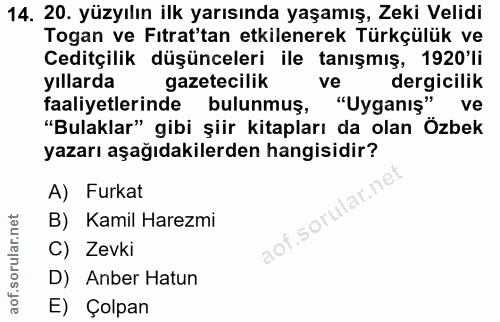 14. soru: 20. yüzyılın ilk yarısında yaşamış, Zeki Velidi Togan ve Fıtrat'tan etkilenerek Türkçülük ve Ceditçilik düşünceleri i…