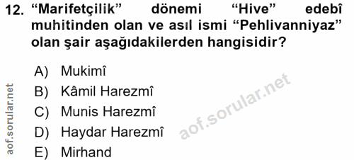 12. soru: "Marifetçilik" dönemi "Hive" edebi muhitinden olan ve asıl ismi "Pehlivanniyaz" olan şair aşağıdakilerden hangisidir?…