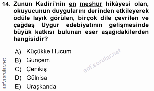 14. soru: Zunun Kadiri'nin en meşhur hikâyesi olan, okuyucunun duygularını derinden etkileyerek ödüle layık görülen, birçok dil…