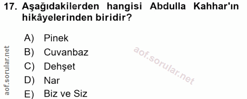 17. soru: Aşağıdakilerden hangisi Abdulla Kahhar'ın hikâyelerinden biridir? A) Pinek B) Cuvanbaz C) Dehşet D) Nar E) Biz ve Siz