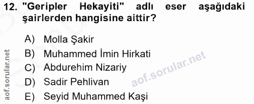 12. soru: "Geripler Hekayiti" adlı eser aşağıdaki şairlerden hangisine aittir? A) Molla Şakir B) Muhammed Imin Hirkati of. C) A…