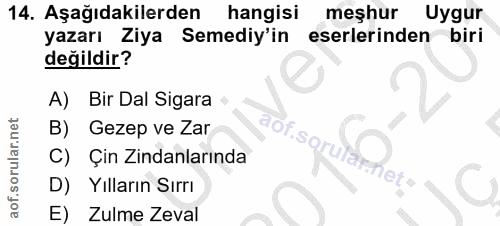 14. soru: Aşağıdakilerden hangisi meşhur Uygur yazarı Ziya Semediy'in eserlerinden biri değildir? A) Bir Dal Sigara B) Gezep ve…