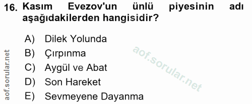 16. soru: Kasım Evezov'un ünlü piyesinin adı aşağıdakilerden hangisidir? A) Dilek Yolunda B) Çırpınma C) Aygül ve Abat D) Son H…
