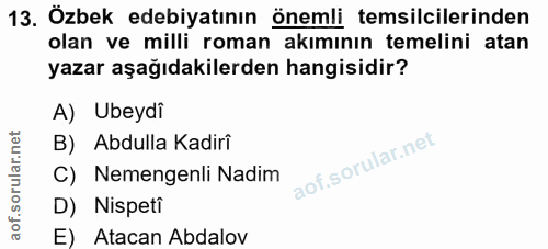 13. soru: Özbek edebiyatının önemli temsilcilerinden olan ve milli roman akımının temelini atan yazar aşağıdakilerden hangisidi…