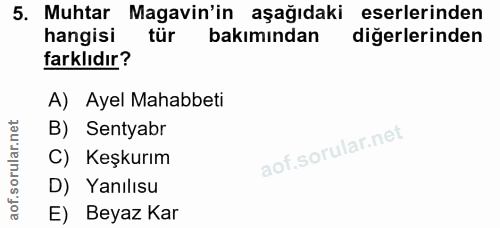 5. soru: Muhtar Magavin'in aşağıdaki eserlerinden hangisi tür bakımından diğerlerinden farklıdır? A) Ayel Mahabbeti B) Sentyab…