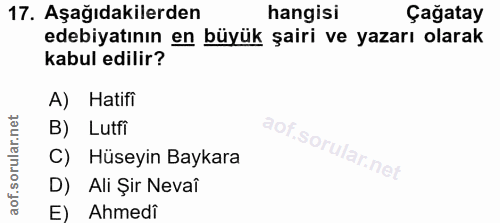 17. soru: Aşağıdakilerden hangisi Çağatay edebiyatının en büyük şairi ve yazarı olarak kabul edilir? A) Hatifi B) Lutfi C) Hüse…
