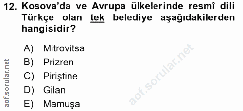 12. soru: Kosova'da ve Avrupa ülkelerinde resmi dili Türkçe olan tek belediye aşağıdakilerden hangisidir? A) Mitrovitsa B) Priz…