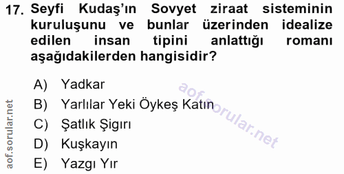 17. soru: Seyfi Kudaş'ın Sovyet ziraat sisteminin kuruluşunu ve bunlar üzerinden idealize edilen insan tipini anlattığı romanı…