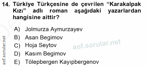 14. soru: Türkiye Türkçesine de çevrilen "Karakalpak Kızı" adlı roman aşağıdaki yazarlardan hangisine aittir? A) Jolmurza Aymur…