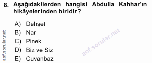 8. soru: Aşağıdakilerden hangisi Abdulla Kahhar'ın hikâyelerinden biridir? A) Dehşet B) Nar C) Pinek D) Biz ve Siz E) Cuvanbaz