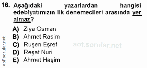16. soru: Aşağıdaki yazarlardan hangisi edebiyatımızın ilk denemecileri arasında yer almaz? A) Ziya Osman B) Ahmet Rasim C) Ruş…
