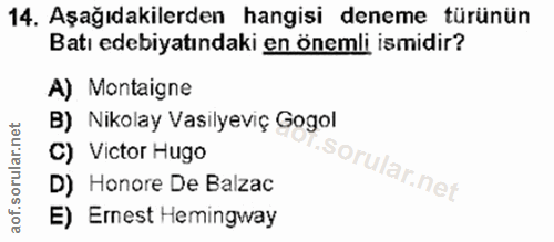 14. soru: Aşağıdakilerden hangisi deneme türünün Batı edebiyatındaki en önemli ismidir? A) Montaigne B) Nikolay Vasilyeviç Gogo…