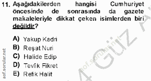11. soru: Aşağıdakilerden hangisi Cumhuriyet öncesinde de sonrasında da gazete makaleleriyle dikkat çeken isimlerden biri değil…