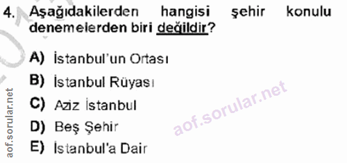 4. soru: Aşağıdakilerden hangisi şehir konulu denemelerden biri değildir? A) İstanbul'un Ortası B) İstanbul Rüyası C) Aziz ist…