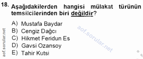 18. soru: Aşağıdakilerden hangisi mülakat türünün temsilcilerinden biri değildir? A) Mustafa Baydar B) Cengiz Dağcı C) Hikmet F…