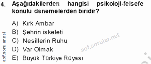 4. soru: Aşağıdakilerden hangisi psikoloji-felsefe konulu denemelerden biridir? A) Kırk Ambar B) Şehrin iskeleti C) Nesillerin…