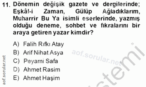 11. soru: Dönemin değişik gazete ve dergilerinde; Eşkâl-i Zaman, Gülüp Ağladıklarım, Muharrir Bu Ya isimli eserlerinde, yazmış…