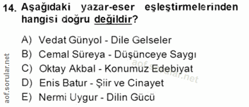14. soru: Aşağıdaki yazar-eser eşleştirmelerinden hangisi doğru değildir? A) Vedat Günyol - Dile Gelseler B) Cemal Süreya - Düş…