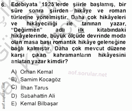 6. soru: Edebiyata 1925'lerde şiirle başlamış, bir süre sonra şiirden hikâye ve roman türlerine yönelmiştir. Daha çok hikâyele…