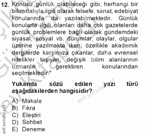 12. soru: Konusu günlük olabileceği gibi, herhangi bir bilim dalıyla ilgili olarak felsefe, sanat, edebiyat konularında da yazı…